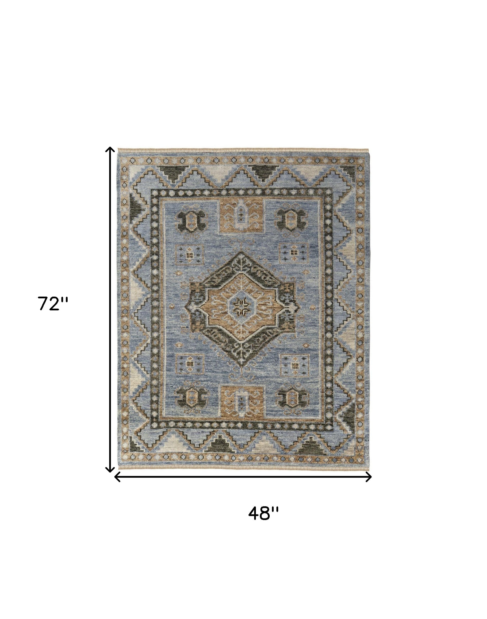 8' Ivory Tan And Blue Wool Oriental Hand Knotted Round Rug With Fringe